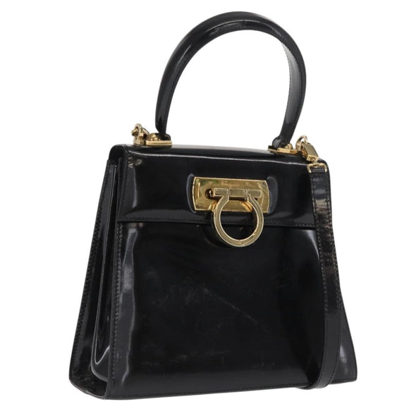 Salvatore Ferragamo Gancini Hand Bag Patent leather 2way Black Gold Auth ka1994