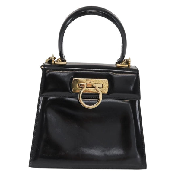 Salvatore Ferragamo Gancini Hand Bag Patent leather 2way Black Gold Auth ka1994