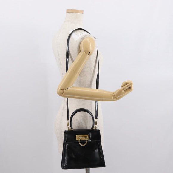 Salvatore Ferragamo Gancini Hand Bag Patent leather 2way Black Gold Auth ka1994