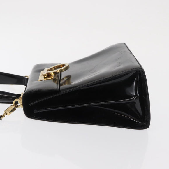 Salvatore Ferragamo Gancini Hand Bag Patent leather 2way Black Gold Auth ka1994