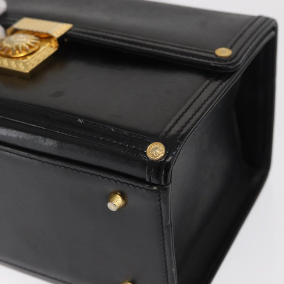 VERSACE Hand Bag Leather Black Gold Auth ka1996