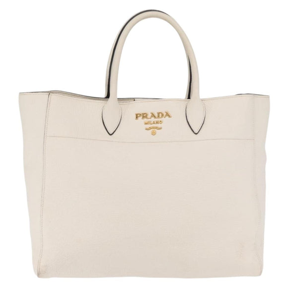 PRADA Hand Bag Leather White Gold Auth ka2014