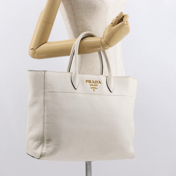 PRADA Hand Bag Leather White Gold Auth ka2014