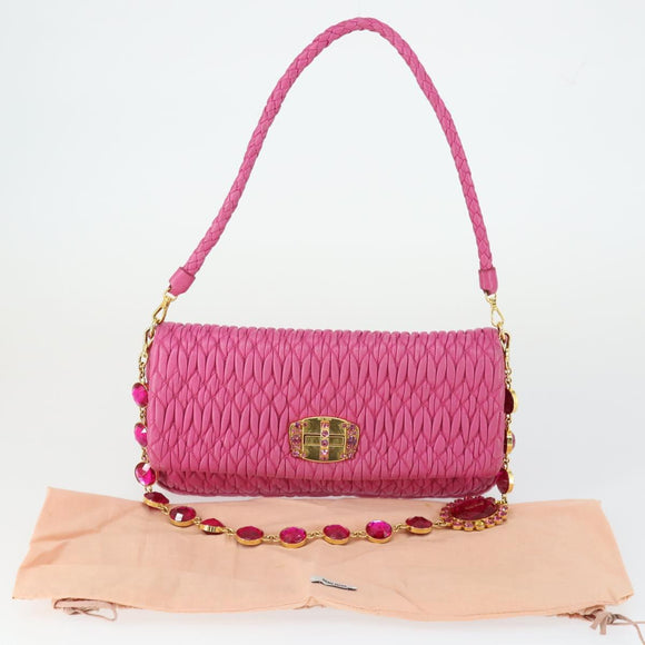 Miu Miu Matelasse Chain Shoulder Bag Leather 2way Pink Gold Auth ka2027V