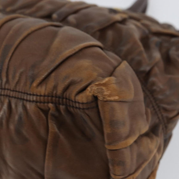 PRADA Hand Bag Leather Dark Brown Gold Auth ka208