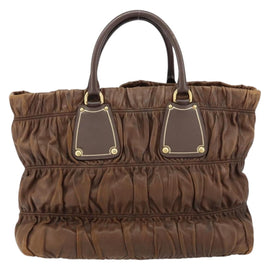 PRADA Hand Bag Leather Dark Brown Gold Auth ka208 - 0