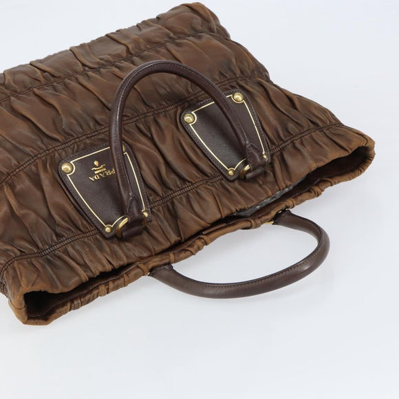 PRADA Hand Bag Leather Dark Brown Gold Auth ka208
