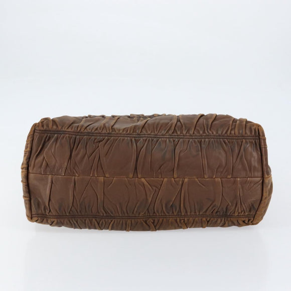 PRADA Hand Bag Leather Dark Brown Gold Auth ka208