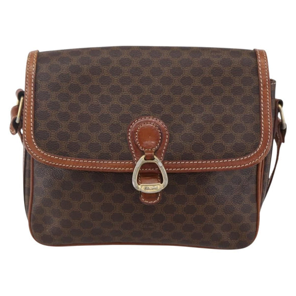 CELINE Macadam Canvas Shoulder Bag PVC Leather Brown Gold Auth ka209