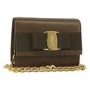 Salvatore Ferragamo Vara Ribbon Chain Bag Leather Brown Gold Auth ka2095-1