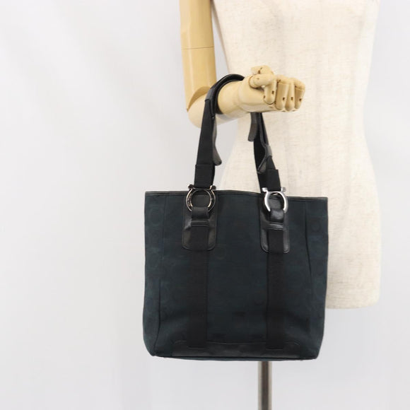 Salvatore Ferragamo Gancini Tote Bag Canvas Navy Silver Auth ka2126