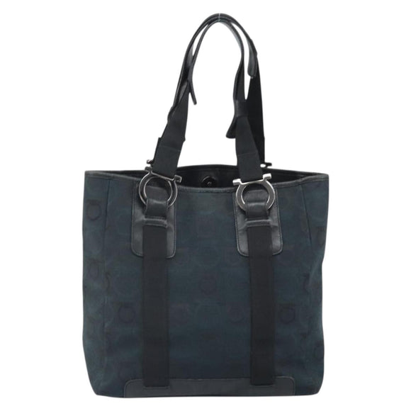 Salvatore Ferragamo Gancini Tote Bag Canvas Navy Silver Auth ka2126