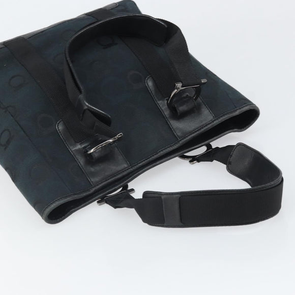 Salvatore Ferragamo Gancini Tote Bag Canvas Navy Silver Auth ka2126