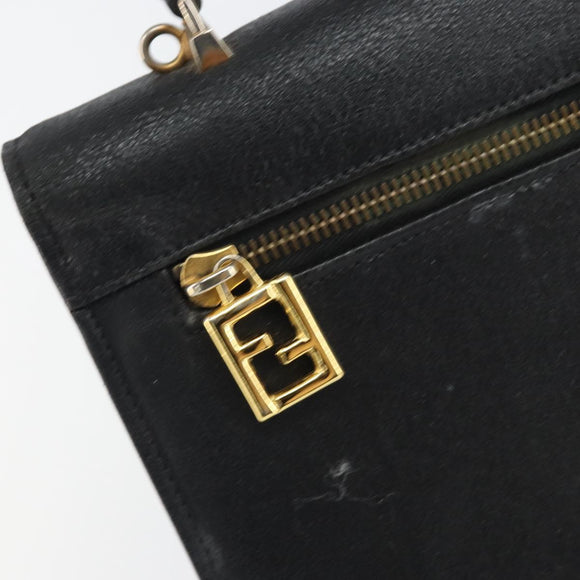 FENDI Hand Bag Leather 2way Black Gold Auth ka2131