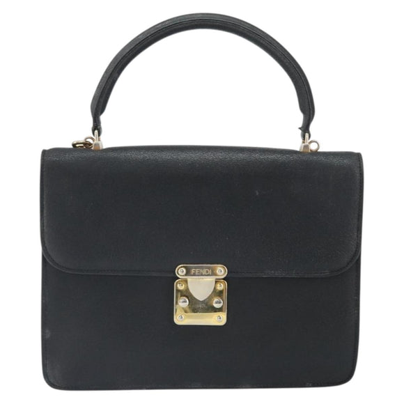 FENDI Hand Bag Leather 2way Black Gold Auth ka2131