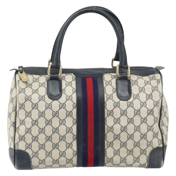 GUCCI GG Supreme Sherry Line Hand Bag PVC Navy Gold Auth ka2155