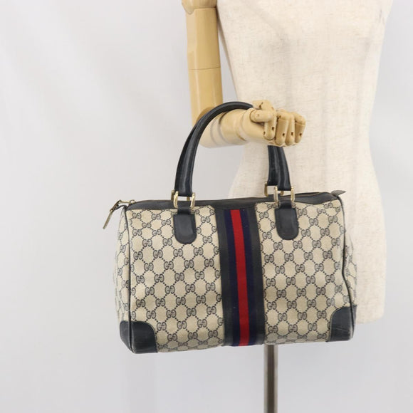 GUCCI GG Supreme Sherry Line Hand Bag PVC Navy Gold Auth ka2155