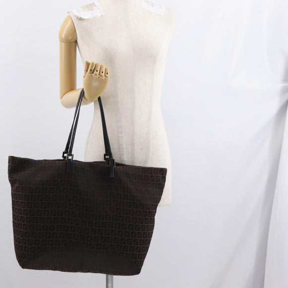 FENDI Zucchino Canvas Tote Bag Brown Silver Auth ka2178