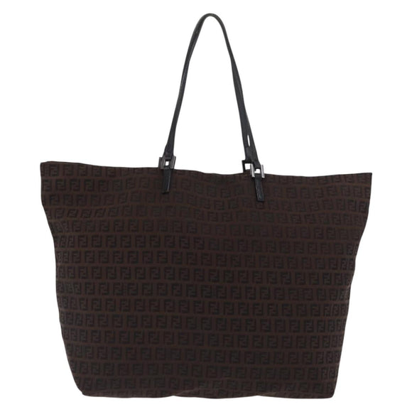 FENDI Zucchino Canvas Tote Bag Brown Silver Auth ka2178