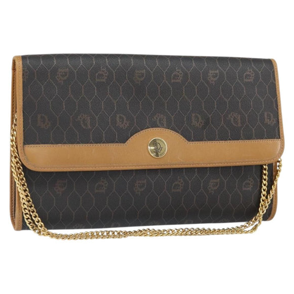 Christian Dior Honeycomb Canvas Chain Shoulder Bag PVC Black Gold Auth ka2188