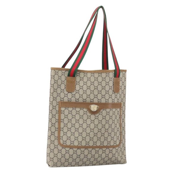 GUCCI GG Plus Supreme Web Sherry Line Tote Bag PVC Beige Gold Auth ka2201