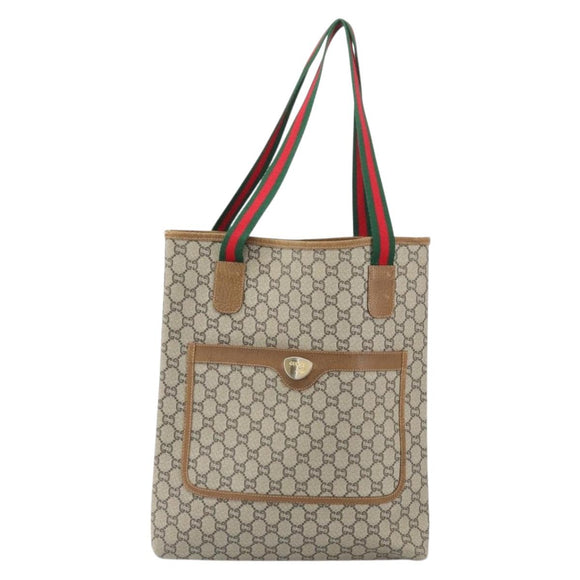 GUCCI GG Plus Supreme Web Sherry Line Tote Bag PVC Beige Gold Auth ka2201