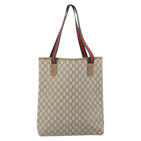 GUCCI GG Plus Supreme Web Sherry Line Tote Bag PVC Beige Gold Auth ka2201