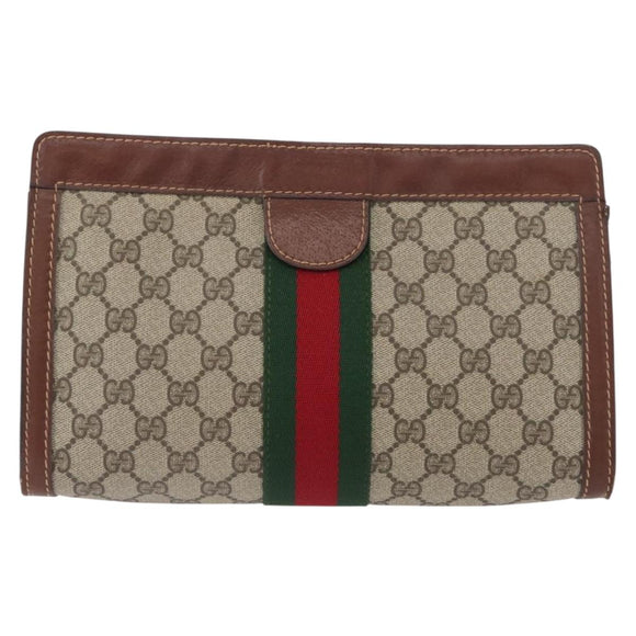GUCCI GG Supreme Web Sherry Line Clutch Bag PVC Beige Red 010 378 Auth ka2251
