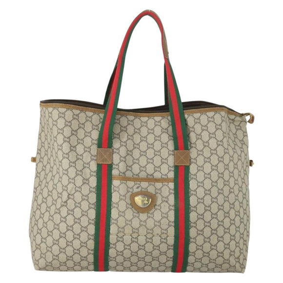GUCCI GG Plus Supreme Boston Bag PVC Beige Gold Red Auth ka2300