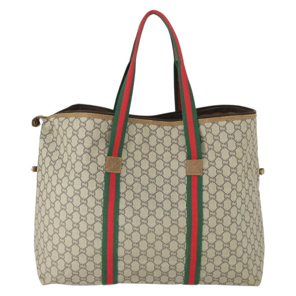 GUCCI GG Plus Supreme Boston Bag PVC Beige Gold Red Auth ka2300