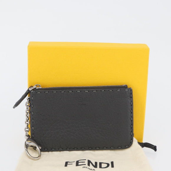 FENDI Coin Purse Leather Gray Silver Auth ka2318V
