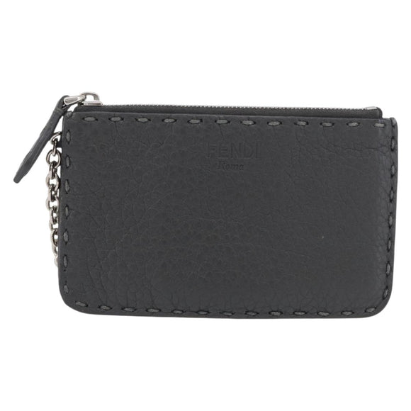 FENDI Coin Purse Leather Gray Silver Auth ka2318V