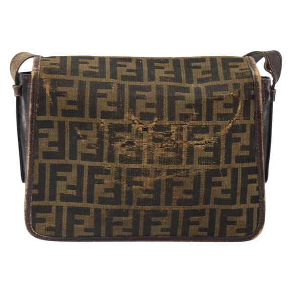 FENDI Zucca Canvas Schoudertas Zwart Bruin Auth ka2348