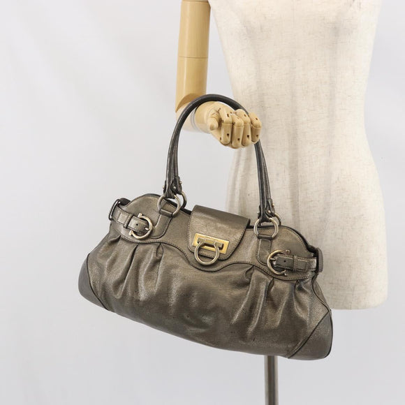 Salvatore Ferragamo Gancini Handtas Leer Goud Authentiek ka2356