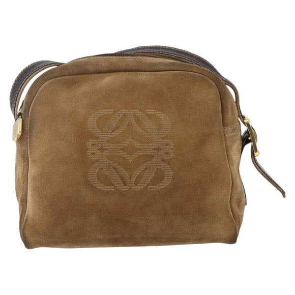 LOEWE Anagram Shoulder Bag Suede Beige Gold Auth ka2365