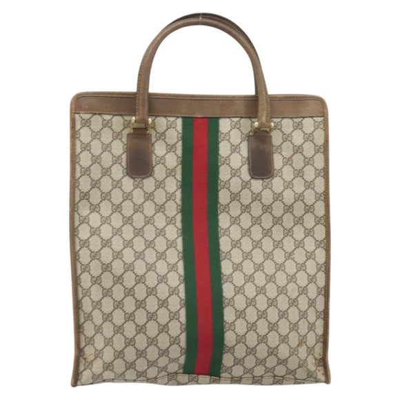 GUCCI GG Supreme Web Sherry Line Tote Bag PVC Beige Red 010 378 Auth ka2369