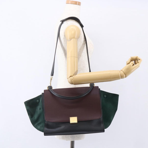 CELINE Trapeze Medium Hand Bag Leather 2way Red Green gold Auth ka241