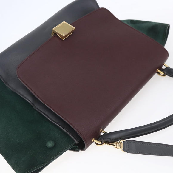 CELINE Trapeze Medium Hand Bag Leather 2way Red Green gold Auth ka241
