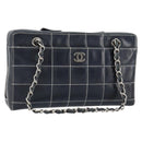 CHANEL Choco Bar Chain Shoulder Bag Leather Navy Silver CC Auth ka245-1