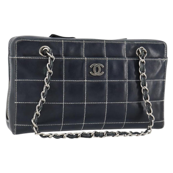 CHANEL Choco Bar Chain Shoulder Bag Leather Navy Silver CC Auth ka245