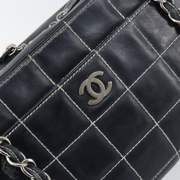 CHANEL Choco Bar Chain Shoulder Bag Leather Navy Silver CC Auth ka245
