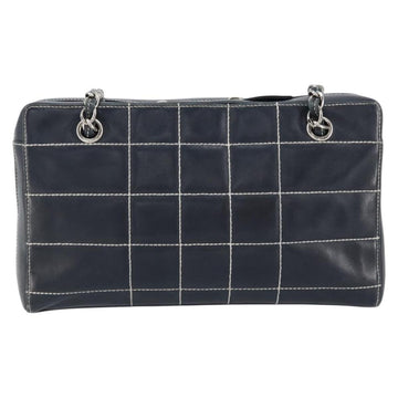 CHANEL Choco Bar Chain Shoulder Bag Leather Navy Silver CC Auth ka245 - 0