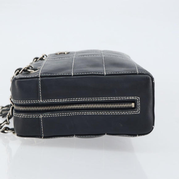 CHANEL Choco Bar Chain Shoulder Bag Leather Navy Silver CC Auth ka245