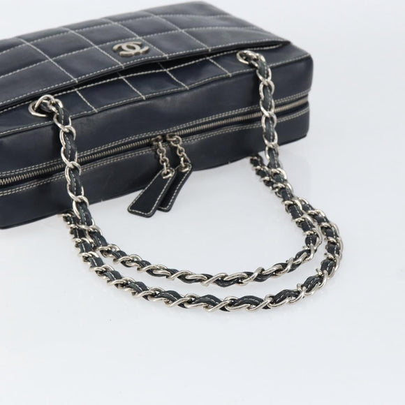 CHANEL Choco Bar Chain Shoulder Bag Leather Navy Silver CC Auth ka245
