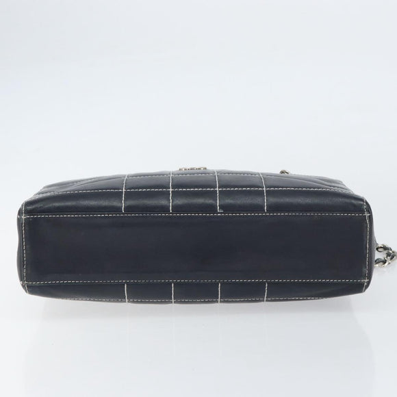 CHANEL Choco Bar Chain Shoulder Bag Leather Navy Silver CC Auth ka245