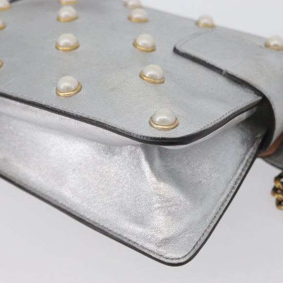 GUCCI Bamboo Chain Broadway Shoulder Bag Leather 2way Silver 453778 Auth ka2490V