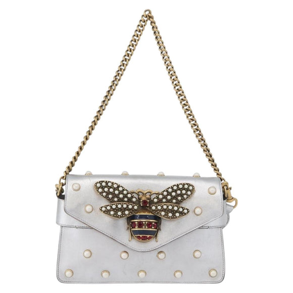 GUCCI Bamboo Chain Broadway Shoulder Bag Leather 2way Silver 453778 Auth ka2490V