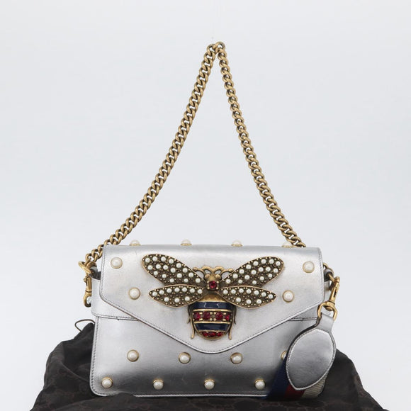 GUCCI Bamboo Chain Broadway Shoulder Bag Leather 2way Silver 453778 Auth ka2490V
