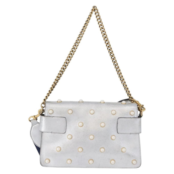 GUCCI Bamboo Chain Broadway Shoulder Bag Leather 2way Silver 453778 Auth ka2490V