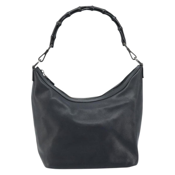 GUCCI Bamboo Hand Bag Leather Black Silver 000 0531 Auth ka2522